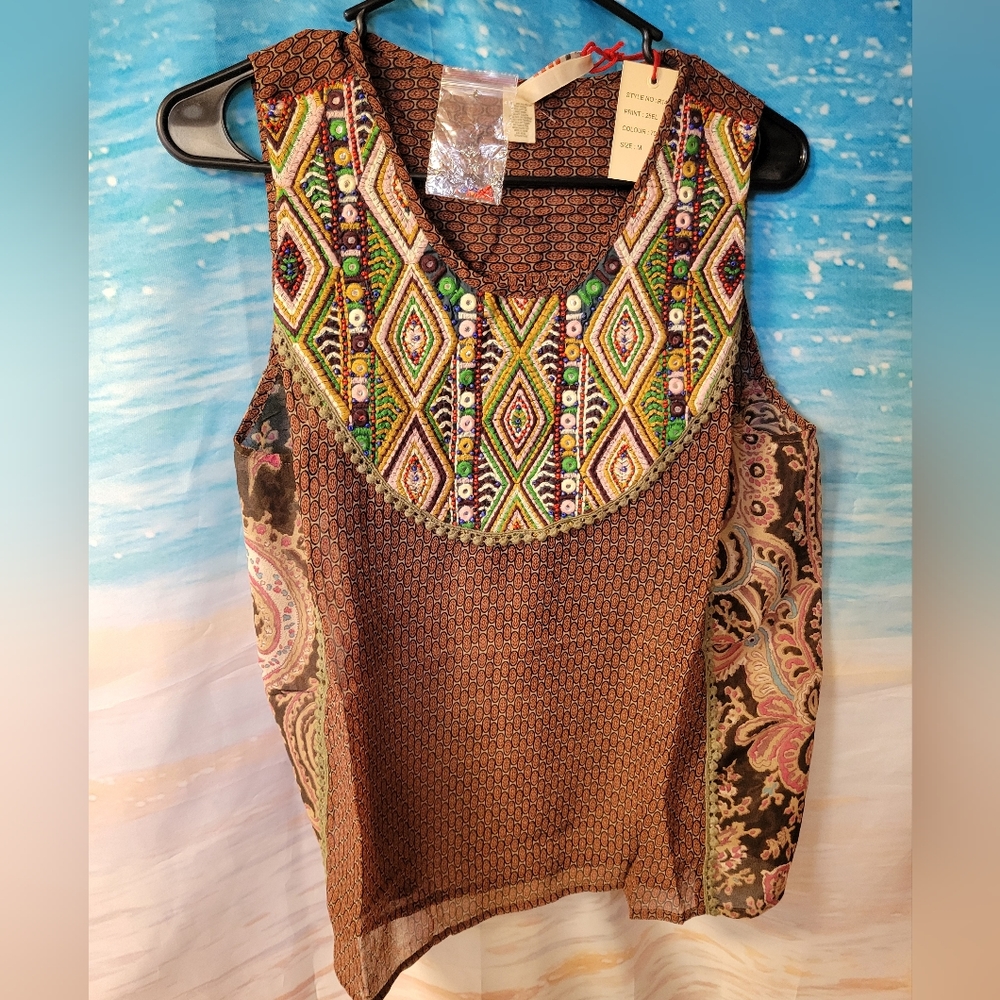 Raga NWT Embroidered‎ & Beaded Boho Sheer Tank Top Blouse Size Medium